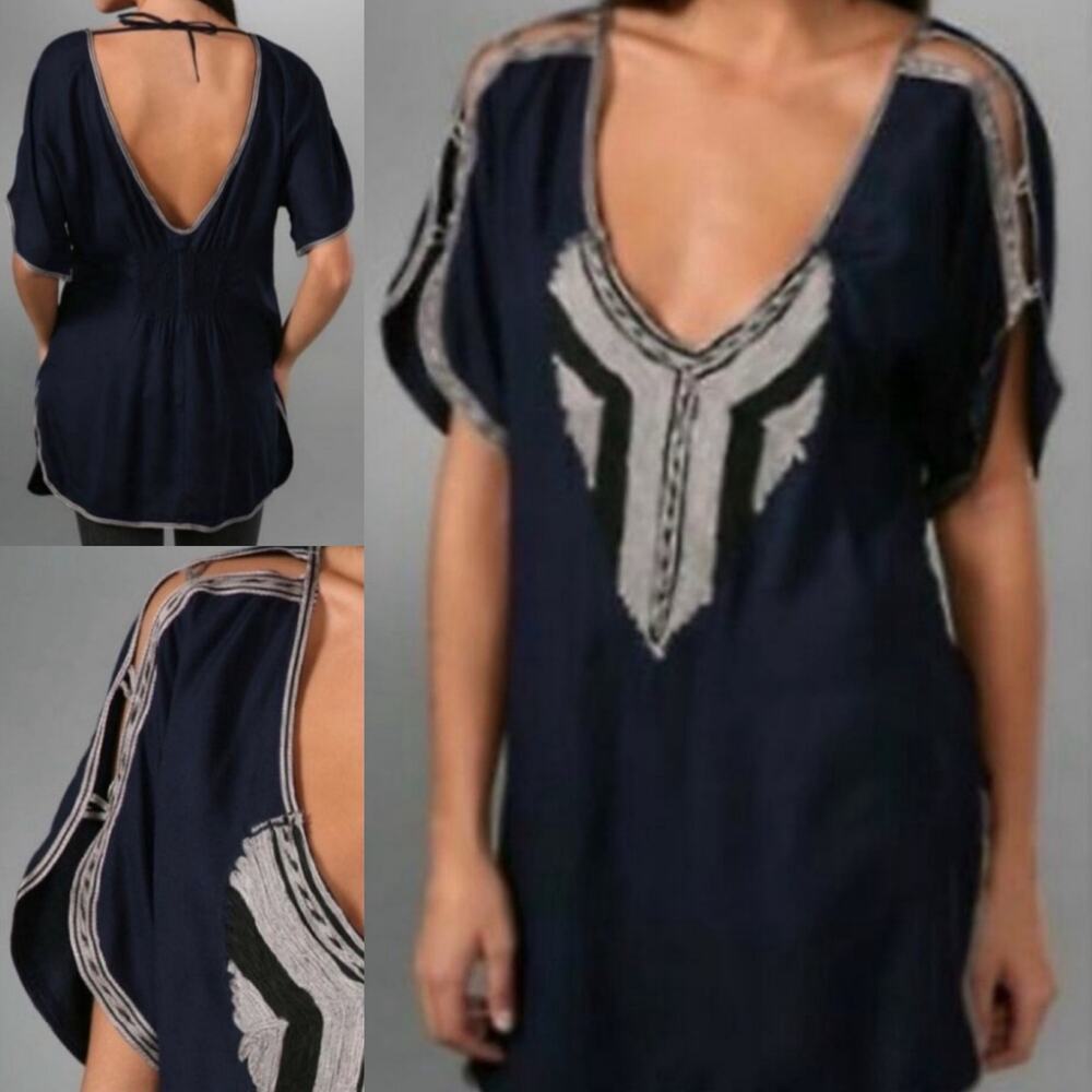 Free People Anthropologie Silver Springs Embroidered Navy Tunic V-Back Top XS